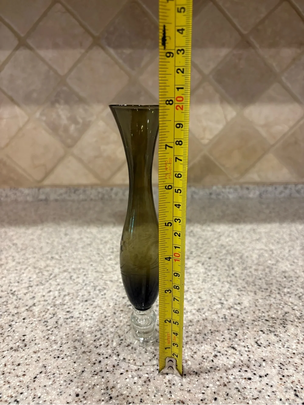Vintage Olive Green Blown Glass Footed Vase Etched Flower